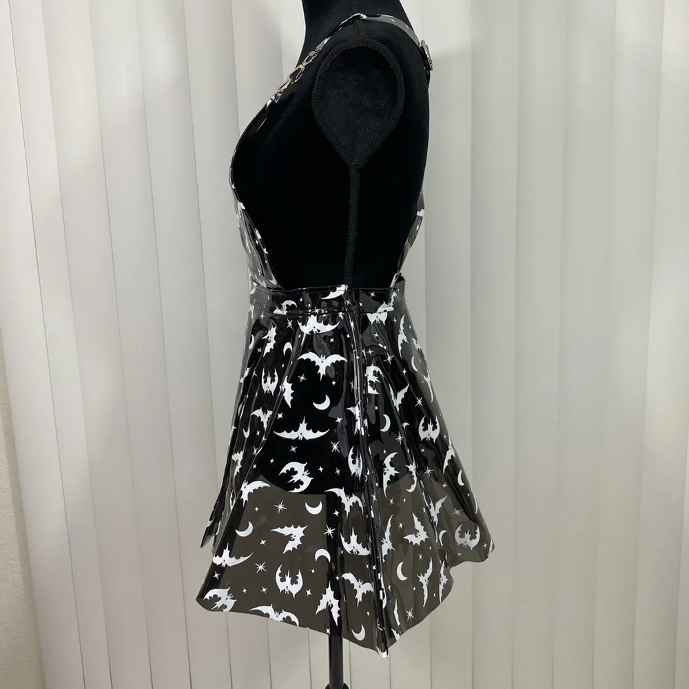 TRICKZ N TREATZ Bat My Lashes Print PVC Vinyl Mini Dress Bat Crescent Moon Black - Picture 2 of 14